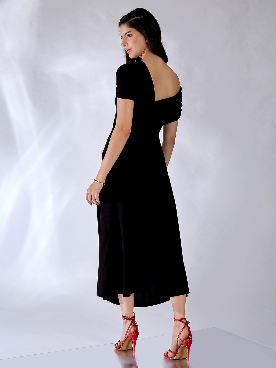 Stretchable Off Shoulder Fit & Flare Midi Dress