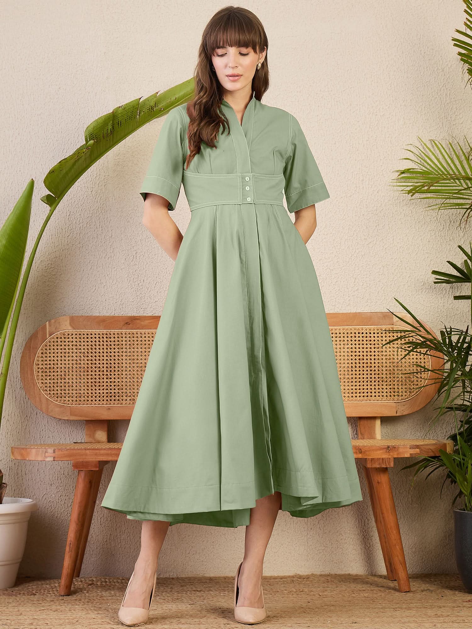 Corset Panelled Cotton Midi Dress